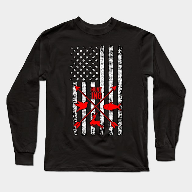 Hunting American Flag - Funny gift Long Sleeve T-Shirt by LindaMccalmanub